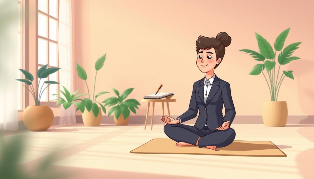 A person seated cross-legged on a mat in a calm, plant-filled room, practising mindfulness meditation beside a small table with a journal.