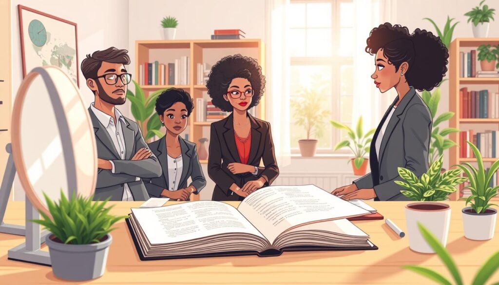 Three colleagues in a sunlit room gathered around an open journal on a wooden desk, engaged in a self-awareness reflection session.