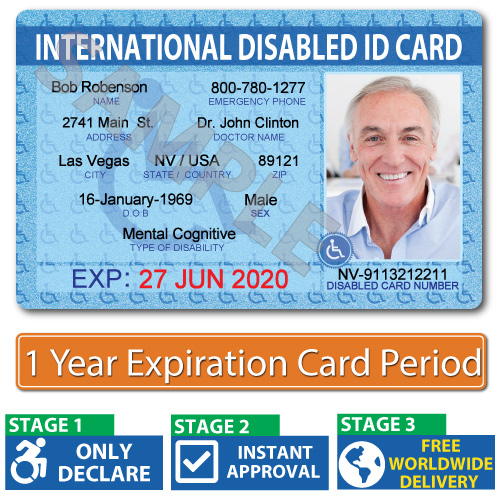 An example international disabled identification card showing photo, name, emergency contact and disability details.