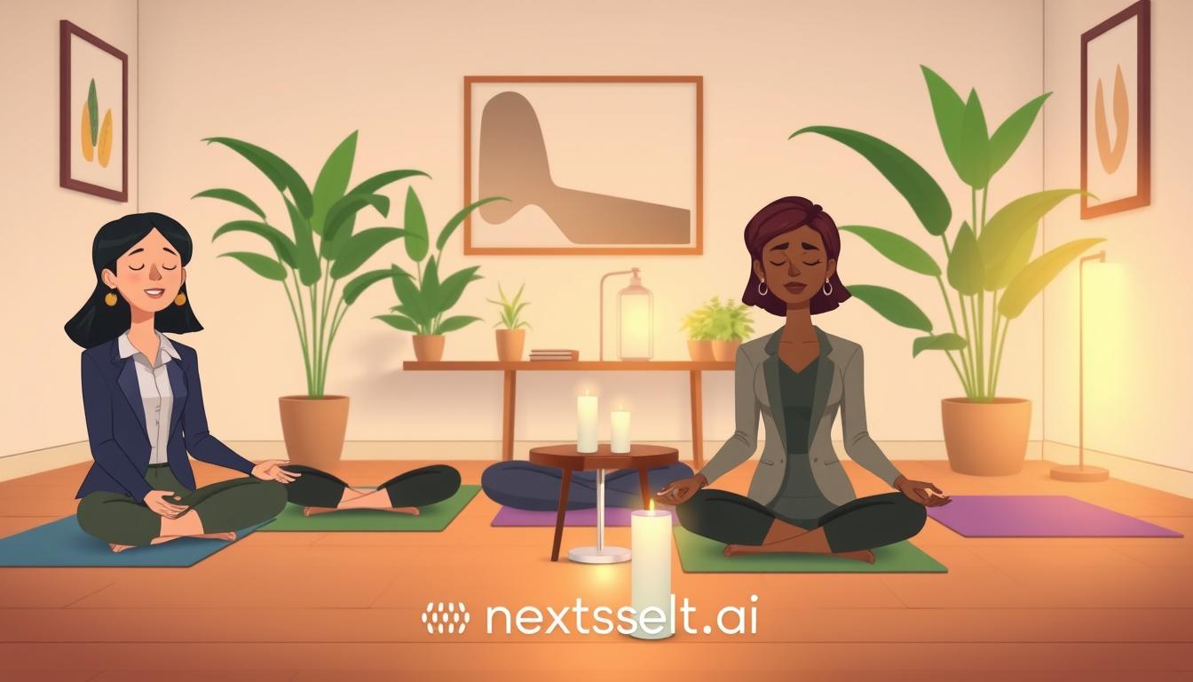 Two people meditating side by side on mats in a softly lit room with houseplants and candles.